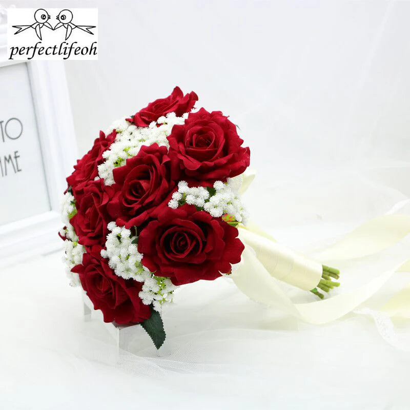perfectlifeoh Hot Red Wedding Bouquet Bridal Bouquet Wedding Decoration Foamflowers Rose Bridal Bouquet