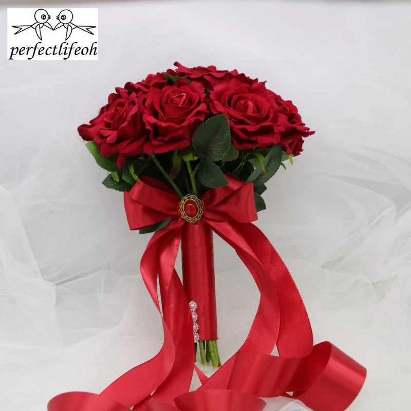 perfectlifeoh Hot Red Wedding Bouquet Bridal Bouquet Wedding Decoration Foamflowers Rose Bridal Bouquet