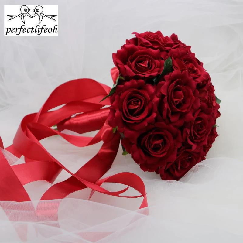 perfectlifeoh Hot Red Wedding Bouquet Bridal Bouquet Wedding Decoration Foamflowers Rose Bridal Bouquet
