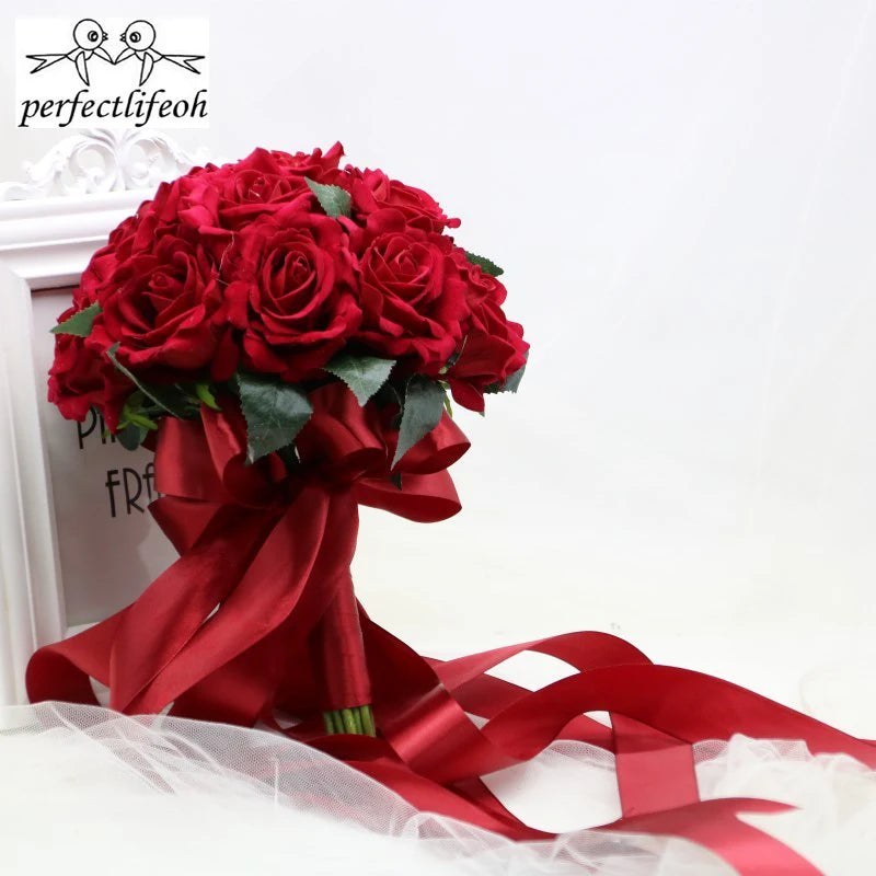 perfectlifeoh Hot Red Wedding Bouquet Bridal Bouquet Wedding Decoration Foamflowers Rose Bridal Bouquet
