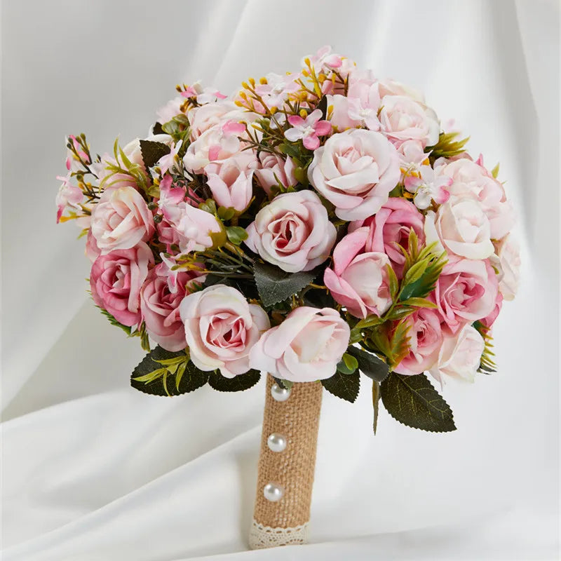 Pink Wedding Bouquet Bride Bridesmaid Holding Flowers Silk Ribbon Roses Artificial Flower Mariage Bouquet Wedding Accessories