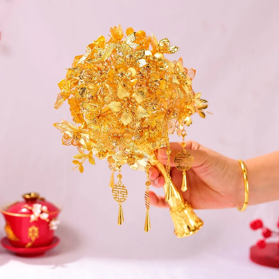 Luxury Pure Gold Chinese Bouquet Hollow-Out Carved for Bridal Wedding Bouquet Wedding Accessories Wedding Shooting