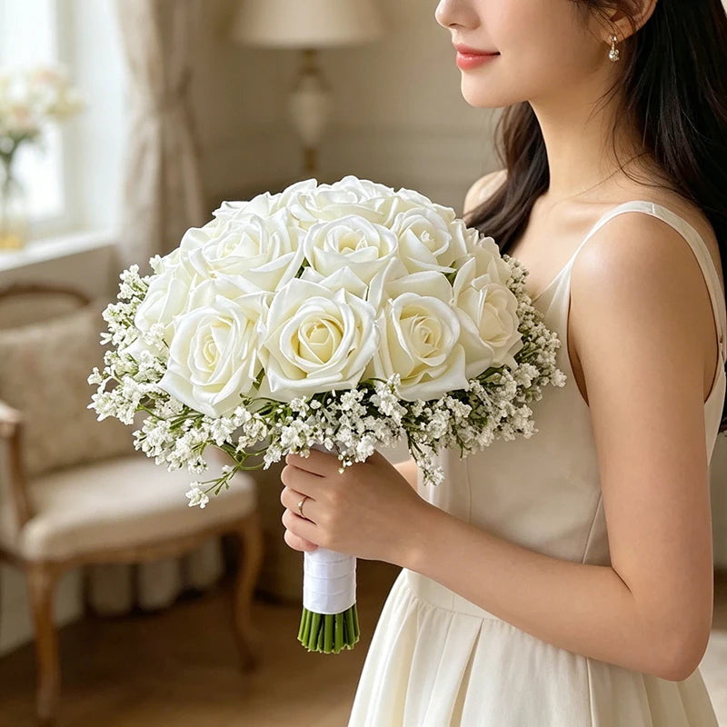 Wedding Bouquet Bridal Bridesmaids Flowers Artificial Roses Baby's Breath Bride Bouquets Wedding Accessories Centerpiece Decor