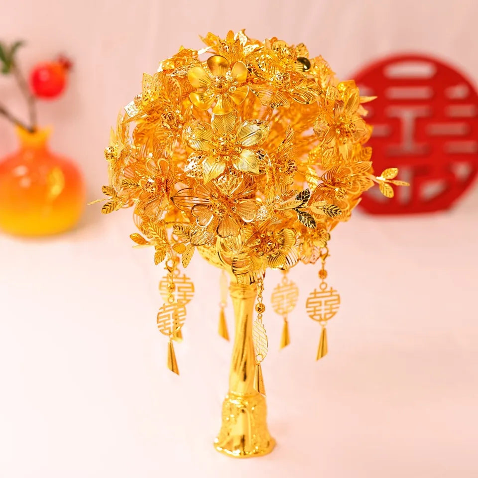 Luxury Pure Gold Chinese Bouquet Hollow-Out Carved for Bridal Wedding Bouquet Wedding Accessories Wedding Shooting