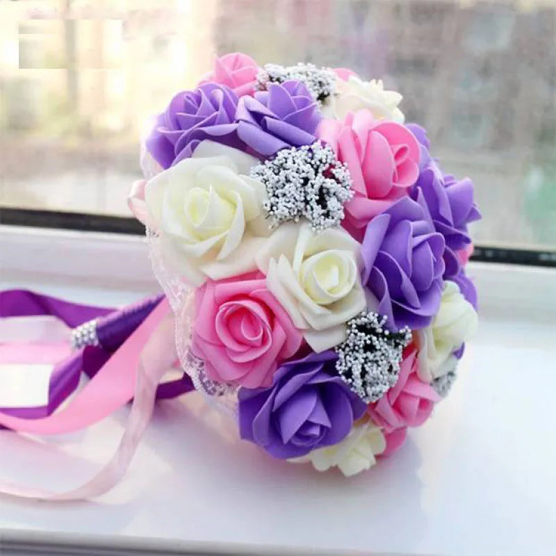 Bride Holding Flowers Romantic Wedding Colorful Bride 's Bouquet White Red Pink Champange Bridal Bouquets Artificial Rose