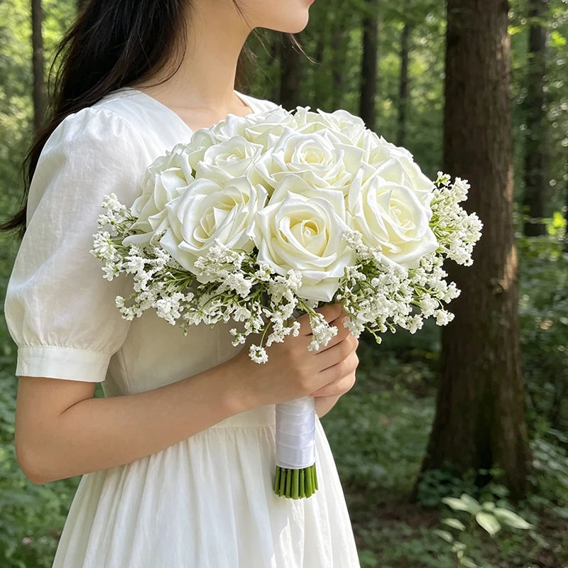 Wedding Bouquet Bridal Bridesmaids Flowers Artificial Roses Baby's Breath Bride Bouquets Wedding Accessories Centerpiece Decor