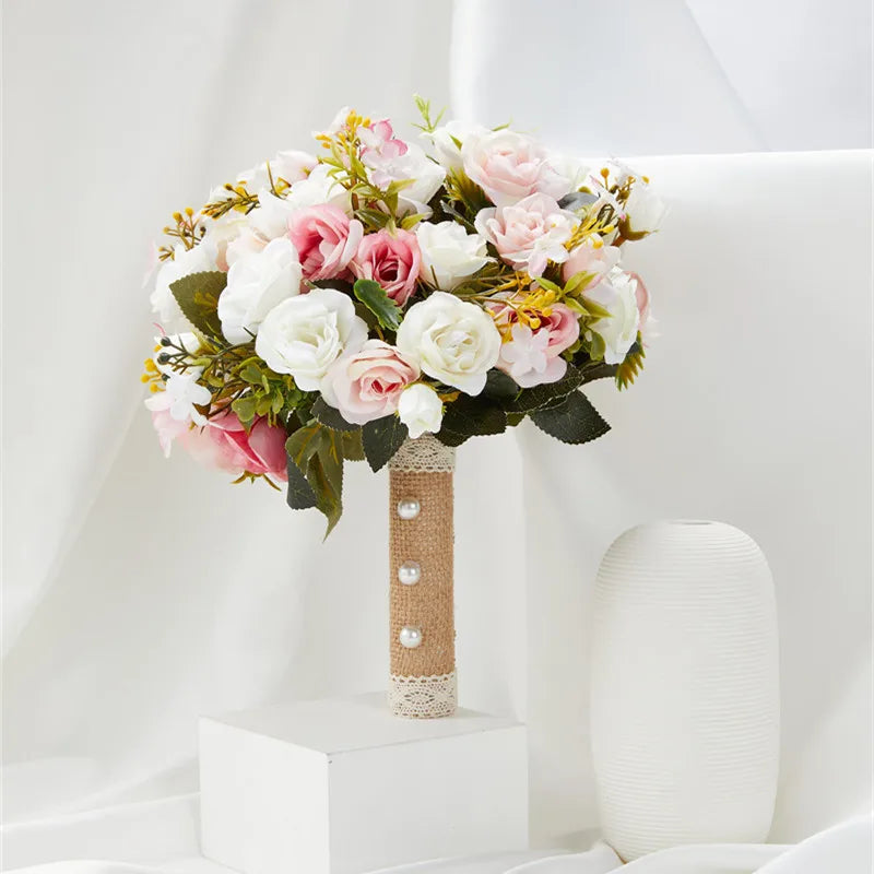 Pink Wedding Bouquet Bride Bridesmaid Holding Flowers Silk Ribbon Roses Artificial Flower Mariage Bouquet Wedding Accessories