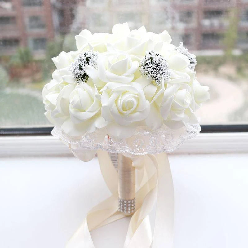 Bride Holding Flowers Romantic Wedding Colorful Bride 's Bouquet White Red Pink Champange Bridal Bouquets Artificial Rose