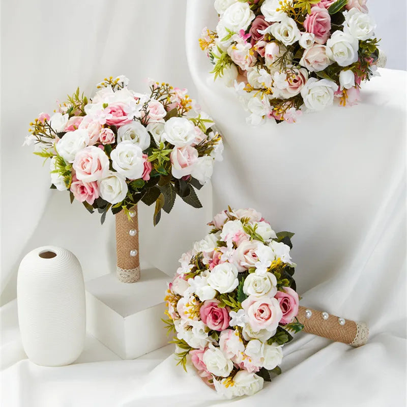 Pink Wedding Bouquet Bride Bridesmaid Holding Flowers Silk Ribbon Roses Artificial Flower Mariage Bouquet Wedding Accessories