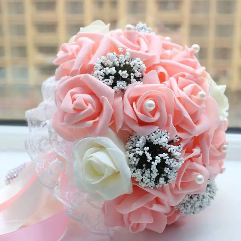 Bride Holding Flowers Romantic Wedding Colorful Bride 's Bouquet White Red Pink Champange Bridal Bouquets Artificial Rose