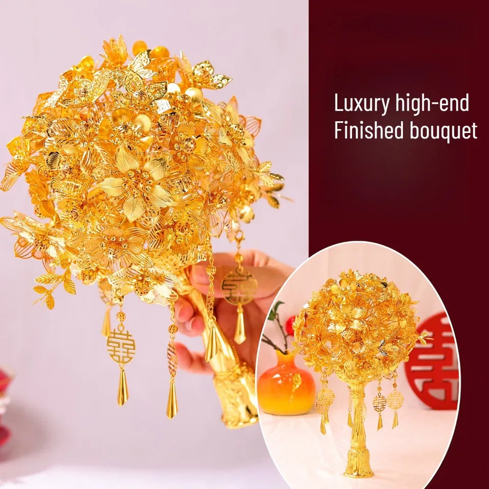 Luxury Pure Gold Chinese Bouquet Hollow-Out Carved for Bridal Wedding Bouquet Wedding Accessories Wedding Shooting