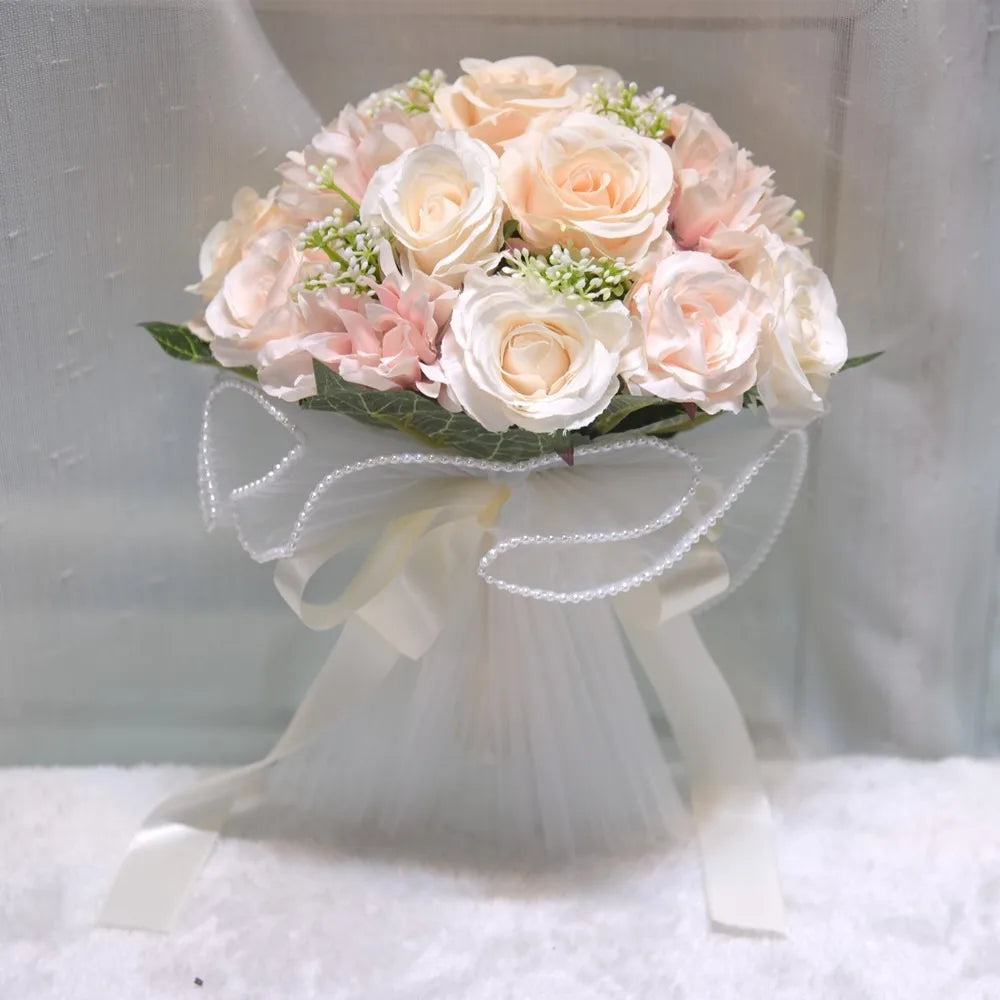 Baby's Breath Romantic Wedding Bouquets Artificial Silk Flowers Exquisite Bridal Bouquet Ribbon Pearl Lace White Rose Bouquet