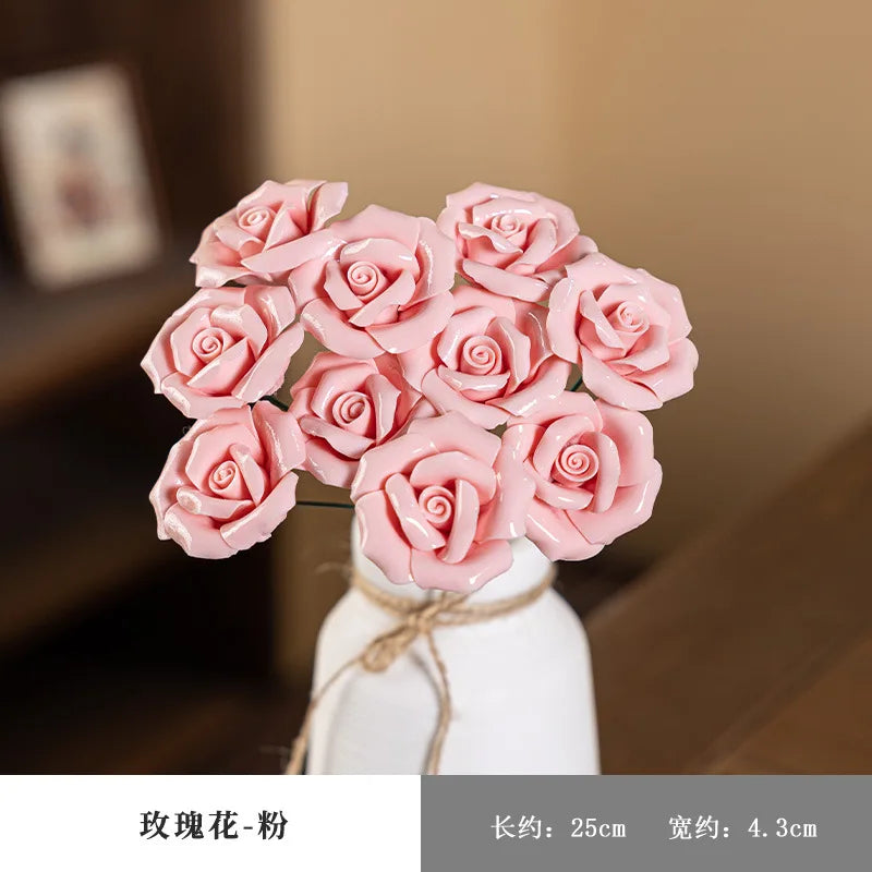 5pcs Multicolor Ceramic Rose Bouquet, Faux Floral Ornament Wedding Bedroom Romantic Table Decor Gift
