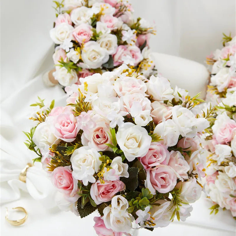 Pink Wedding Bouquet Bride Bridesmaid Holding Flowers Silk Ribbon Roses Artificial Flower Mariage Bouquet Wedding Accessories