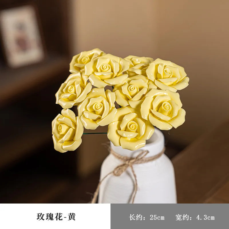 5pcs Multicolor Ceramic Rose Bouquet, Faux Floral Ornament Wedding Bedroom Romantic Table Decor Gift