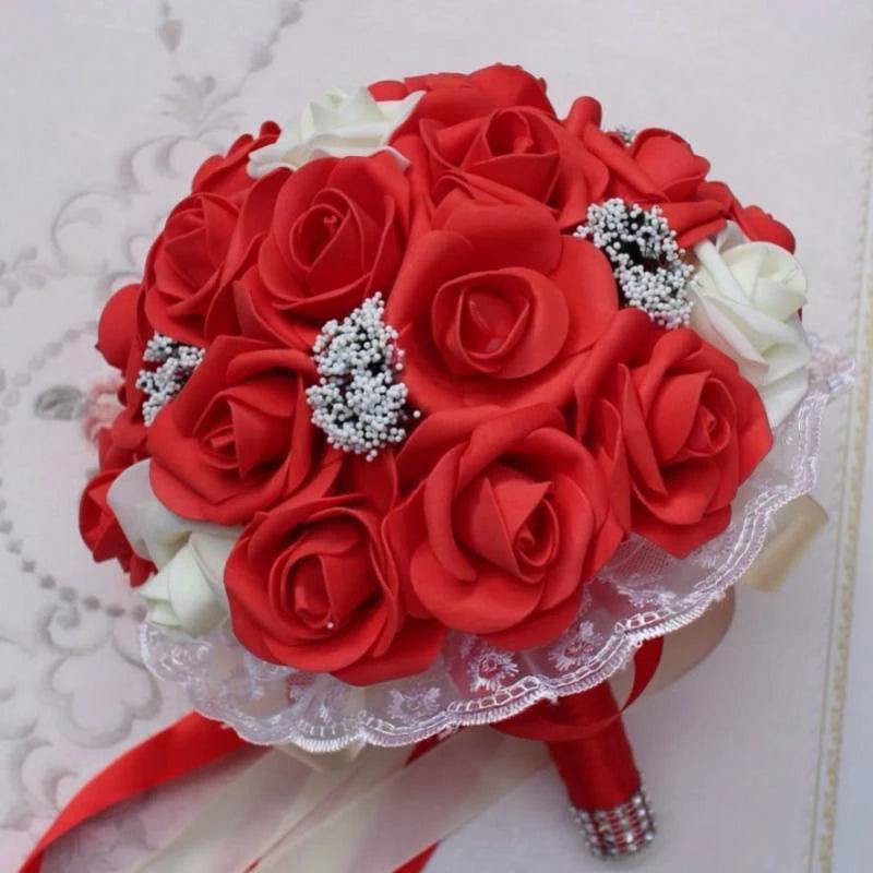 Bride Holding Flowers Romantic Wedding Colorful Bride 's Bouquet White Red Pink Champange Bridal Bouquets Artificial Rose