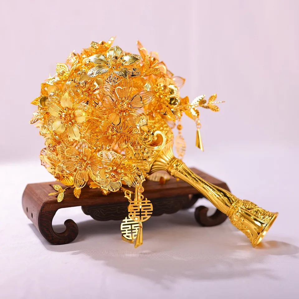 Luxury Pure Gold Chinese Bouquet Hollow-Out Carved for Bridal Wedding Bouquet Wedding Accessories Wedding Shooting