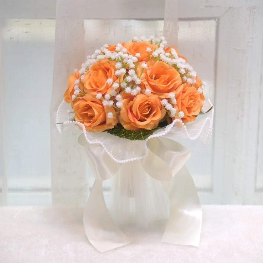 Baby's Breath Romantic Wedding Bouquets Artificial Silk Flowers Exquisite Bridal Bouquet Ribbon Pearl Lace White Rose Bouquet