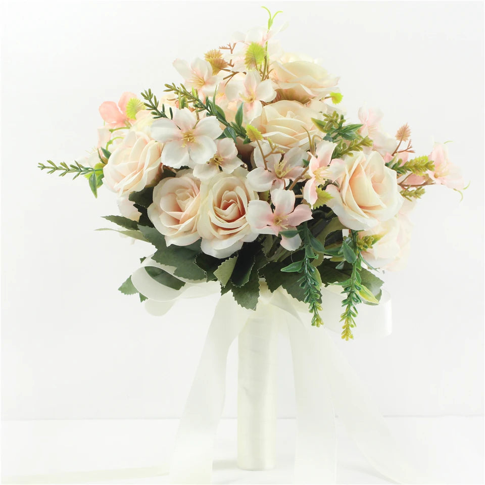 Pink Wedding Bouquet Bride Bridesmaid Holding Flowers Silk Ribbon Roses Artificial Flower Mariage Bouquet Wedding Accessories