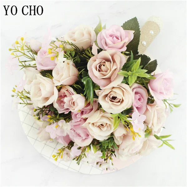 Pink Wedding Bouquet Bride Bridesmaid Holding Flowers Silk Ribbon Roses Artificial Flower Mariage Bouquet Wedding Accessories