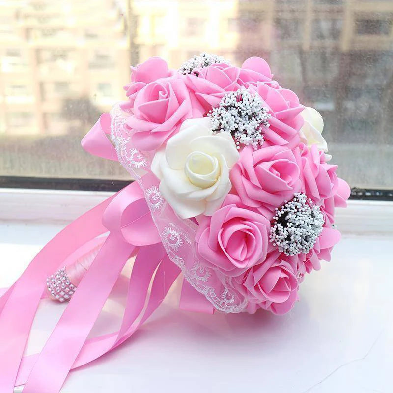 Bride Holding Flowers Romantic Wedding Colorful Bride 's Bouquet White Red Pink Champange Bridal Bouquets Artificial Rose
