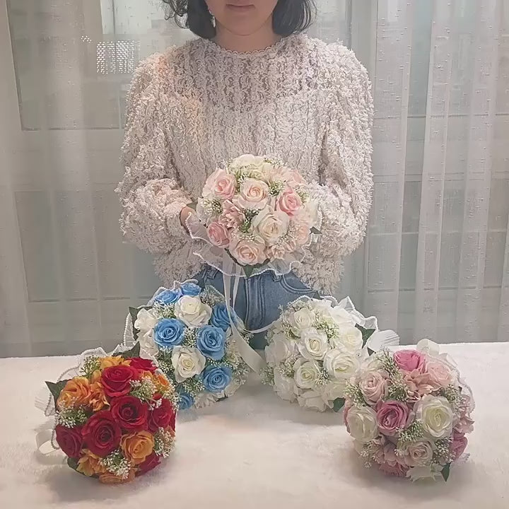 Baby's Breath Romantic Wedding Bouquets Artificial Silk Flowers Exquisite Bridal Bouquet Ribbon Pearl Lace White Rose Bouquet